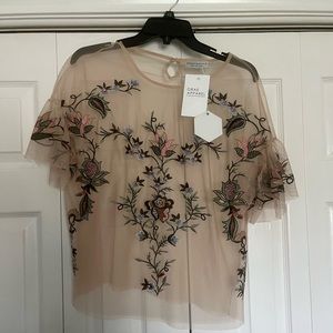Mesh top with embroidered florals